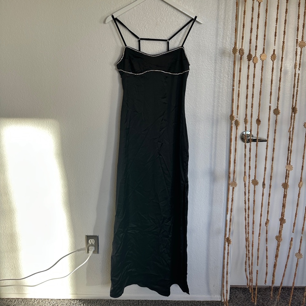 Peppermayo Black Satin Slip Maxi Dress with Chain Trim - Picture 4 of 6